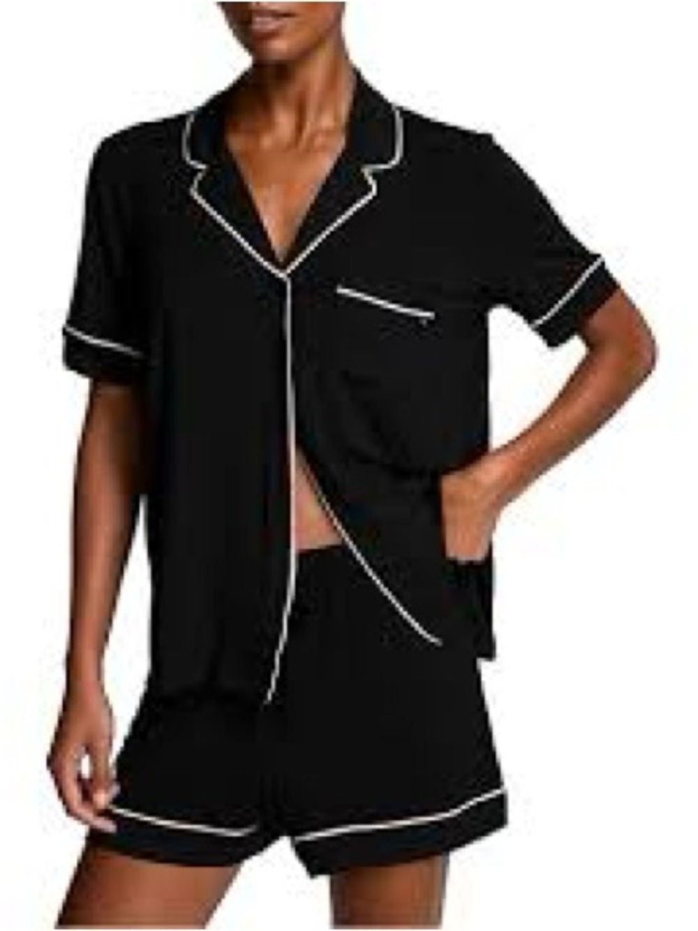 Womens Black Short Sleeve Two-Piece Pajama Set with White Piping Size XS